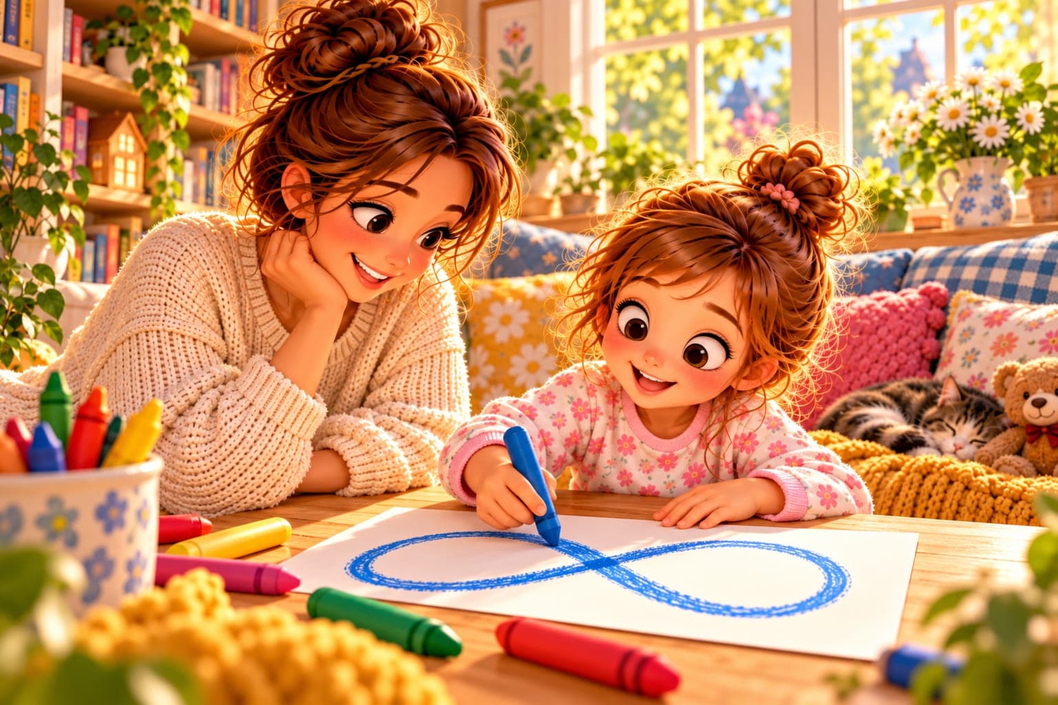Córka rysuje niebieską kredką dużą leżącą ósemkę na kartce, a mama uśmiecha się do niej przy stole.