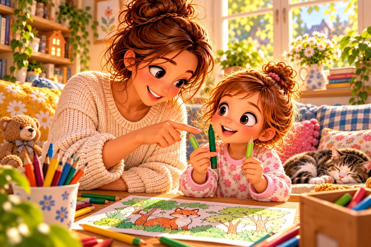 Córka trzyma dwie zielone kredki, jasną i ciemną, a mama wskazuje palcem ciemniejszy odcień.