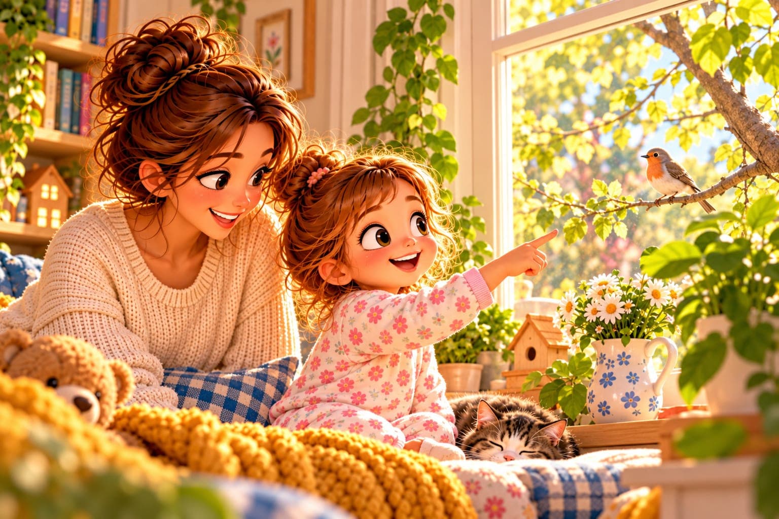 Córka przy oknie wskazuje ptaka na gałęzi, a mama patrzy na nią z uśmiechem, obok śpi kot.