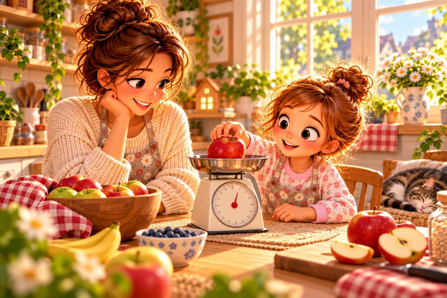 Córka kładzie czerwone jabłko na wadze kuchennej, a mama spokojnie obserwuje ważenie przy stole.