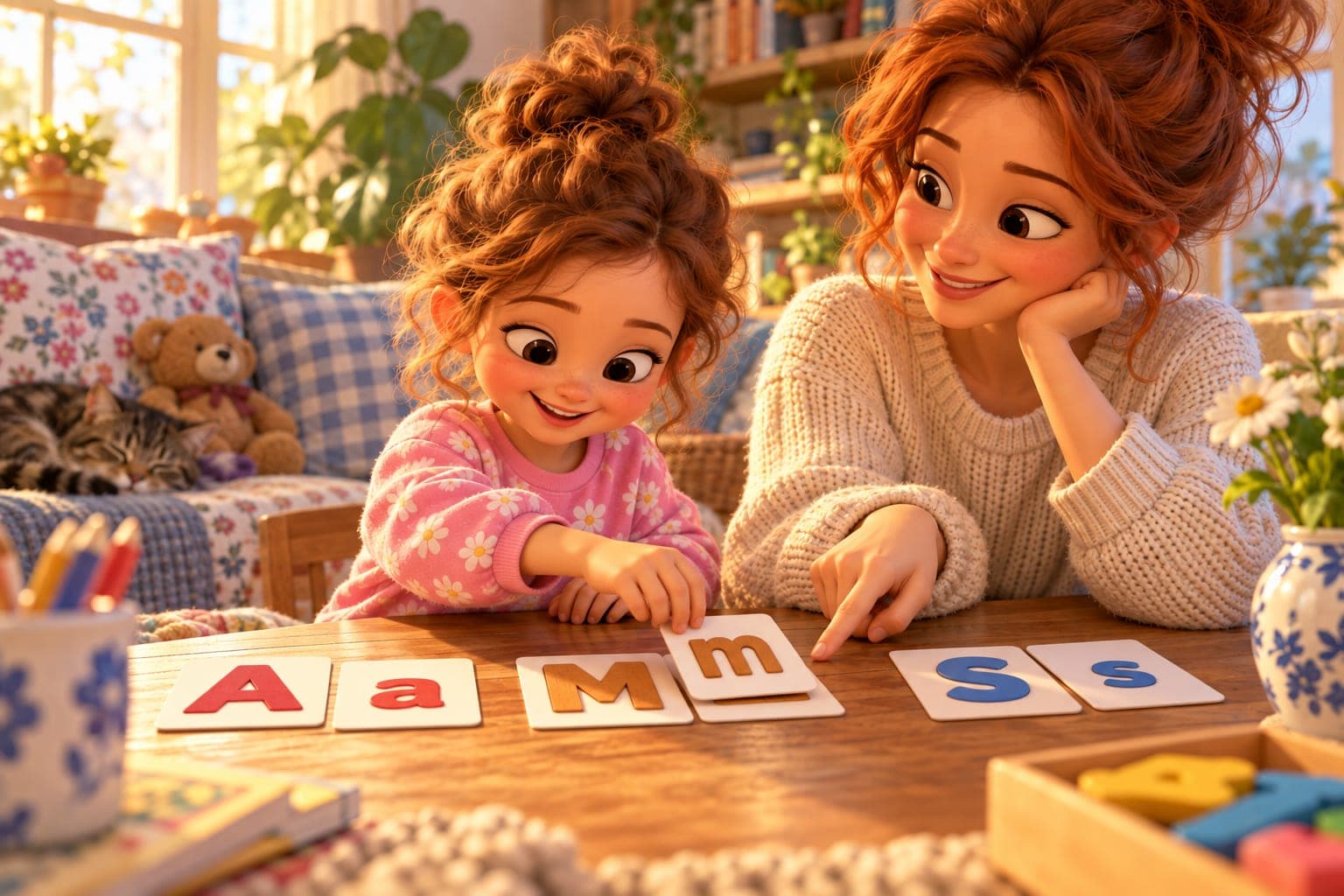 Córka układa pary kartoników z wielką i małą literą A, M i S, a mama wskazuje palcem pasującą parę.