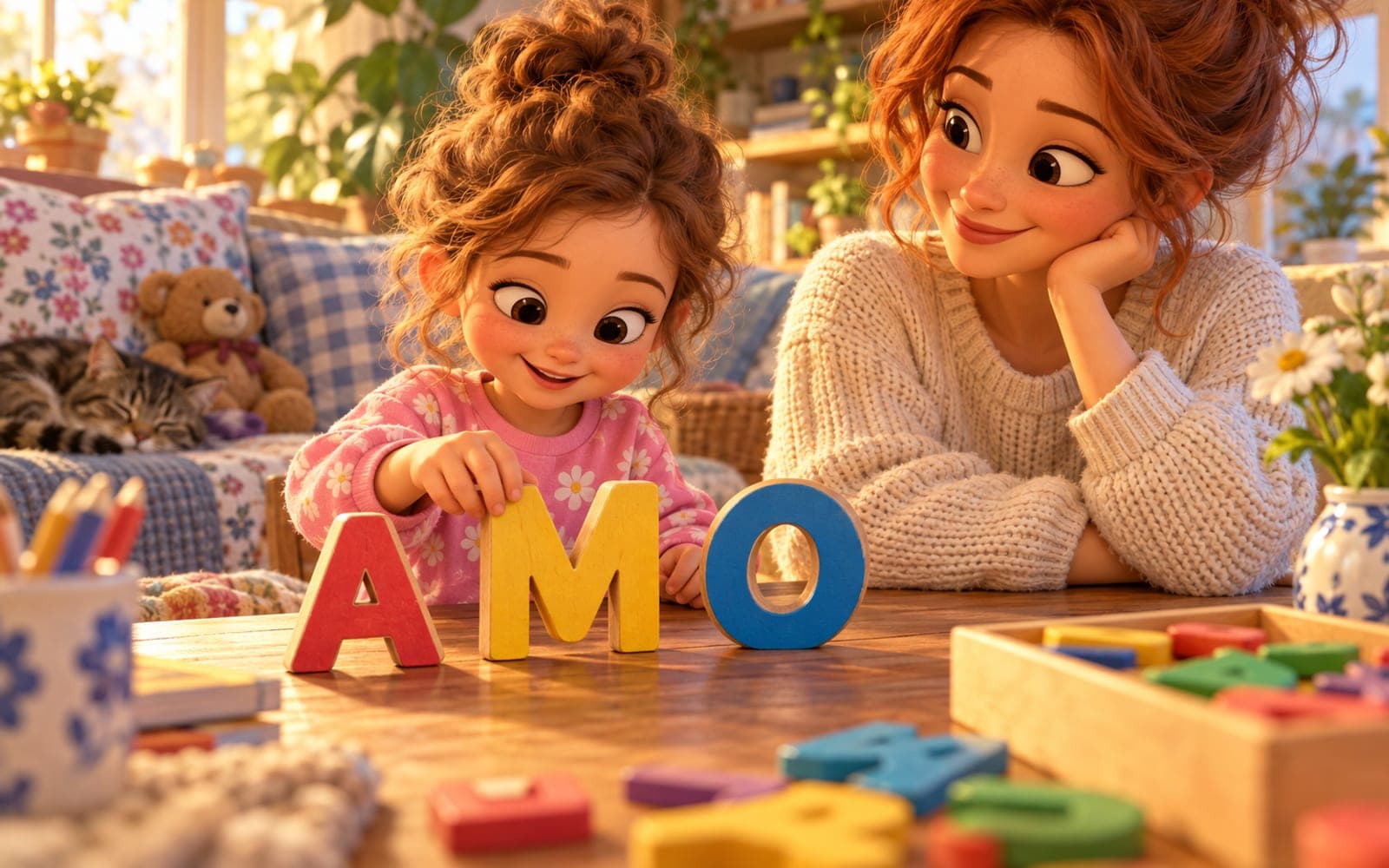 Córka układa na stole duże drewniane litery A, M i O, a mama siedzi obok i uśmiecha się do niej.