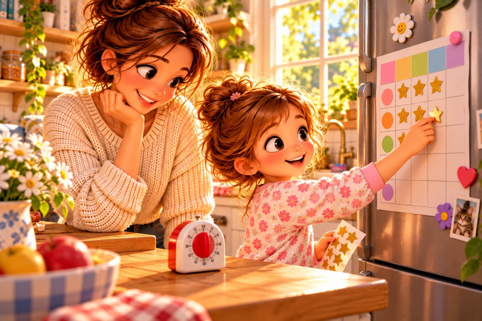 Córka przykleja złotą gwiazdkę w planerze na lodówce, mama patrzy obok, a na blacie stoi kuchenny minutnik.