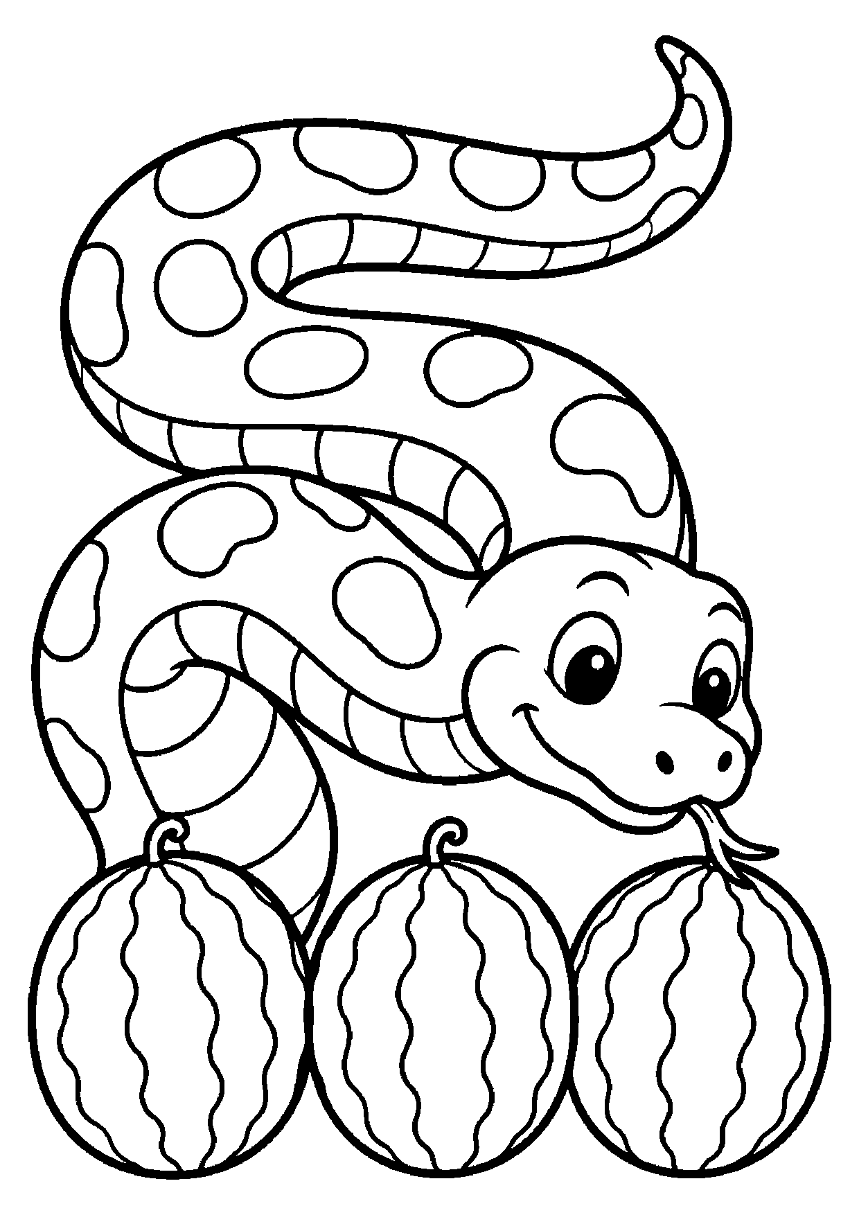 A smiling spotted anaconda coils above three striped watermelons lined up in a row, its forked tongue flicking out
