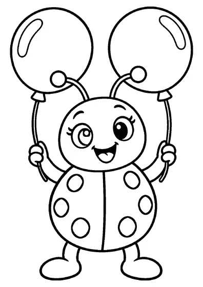 Happy cartoon ladybug with six spots holding the strings of two big round balloons, a picture for learning the letter B