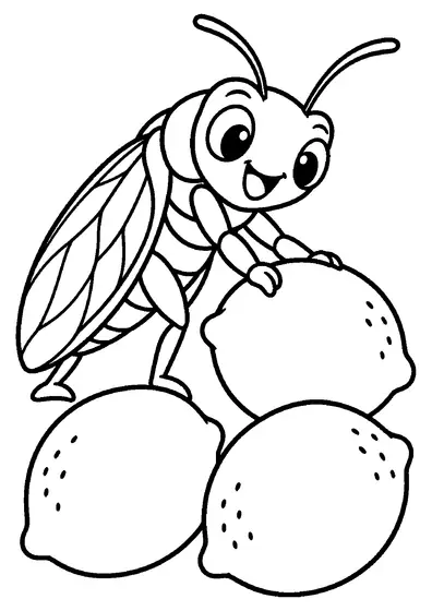 A smiling cicada with long antennae and veined wings pushes one of three large lemons with a dotted peel.