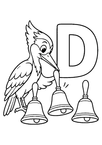 Cartoon woodpecker touching the middle of three handbells beside one large upright uppercase letter D.