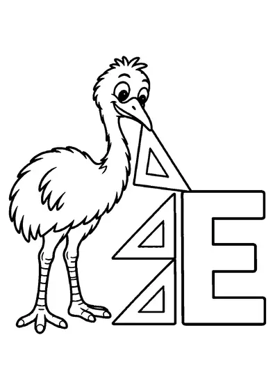 Friendly emu arranging three triangular set squares beside one large uppercase letter E.