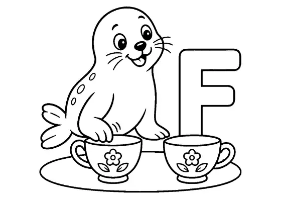 Friendly seal nudging two flower-decorated teacups beside one large uppercase letter F.