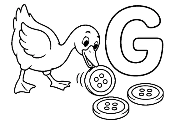 Cheerful goose leaning toward three large round buttons beside one large uppercase letter G.