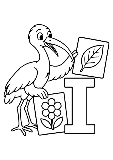 Friendly ibis arranging leaf and flower picture cards beside one large uppercase letter I.