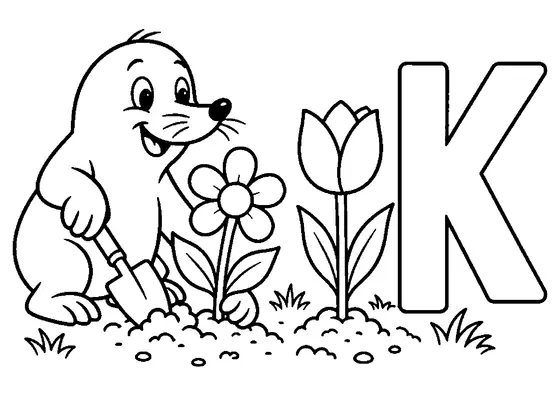 Friendly mole planting two large flowers with a small shovel beside one large uppercase letter K.