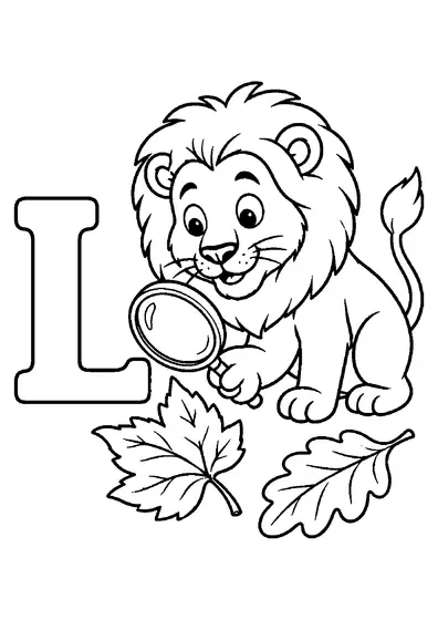 A gentle lion looks through a magnifying glass at one of two large leaves lying beside the letter L.