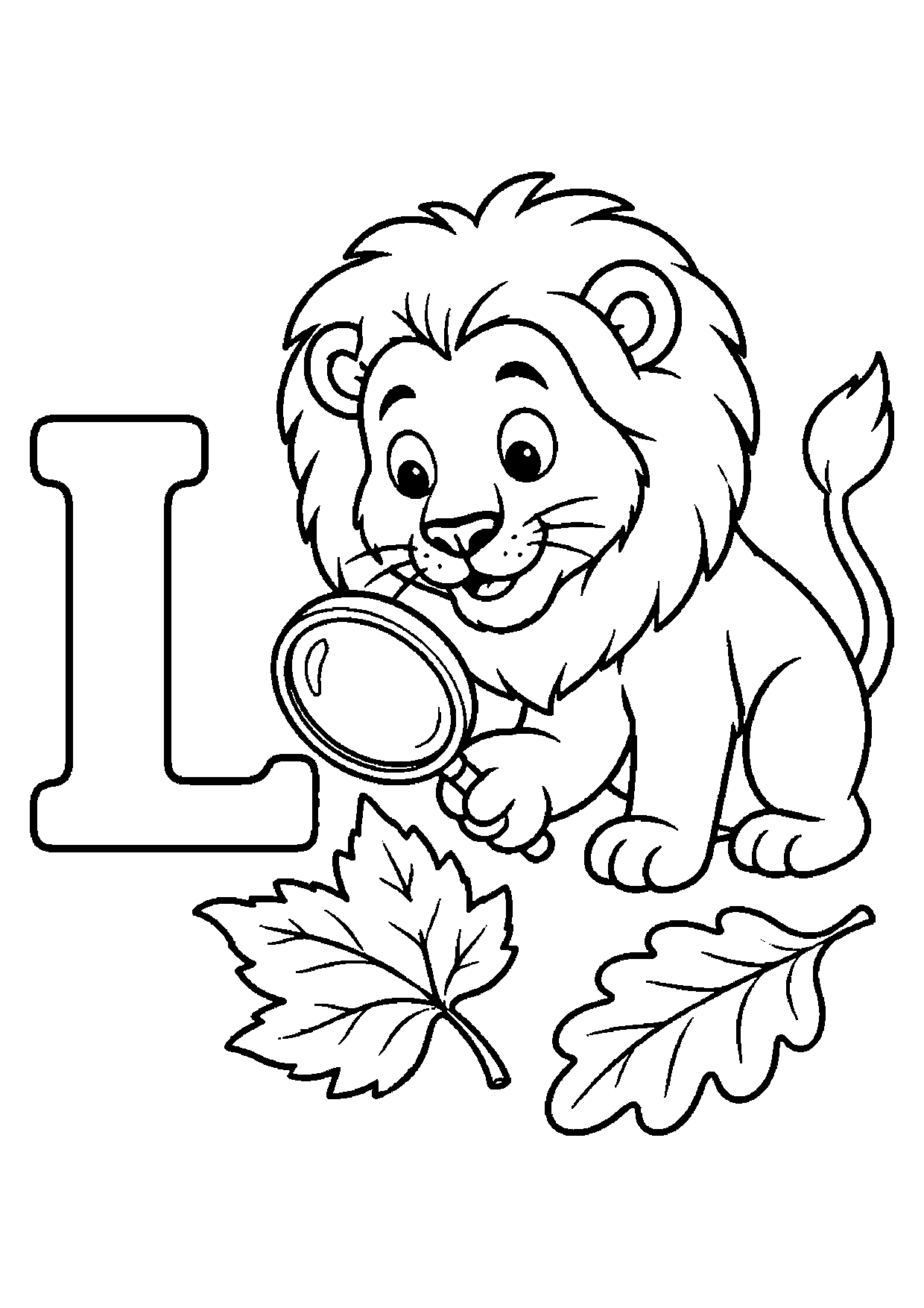 A gentle lion looks through a magnifying glass at one of two large leaves lying beside the letter L.