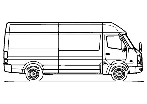 Carro de entrega visto de lado com superfícies lisas da carroçaria e contornos claros para colorir.