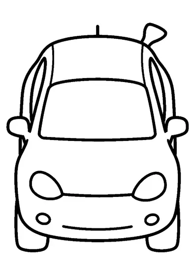 Coche eléctrico pequeño visto de frente, con gran parabrisas, faros redondos y retrovisores, además de zonas sencillas para colorear.