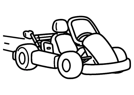 Coloração de um kart de corrida numa pista reta, com grandes rodas, carenagem e assento do condutor com grandes áreas para preencher.