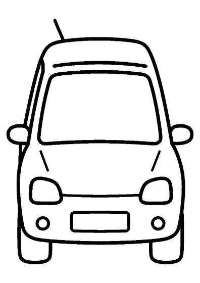 Desenho para colorir de um pequeno carro compacto visto da frente com um grande para-brisa, faróis e espelhos retrovisores.