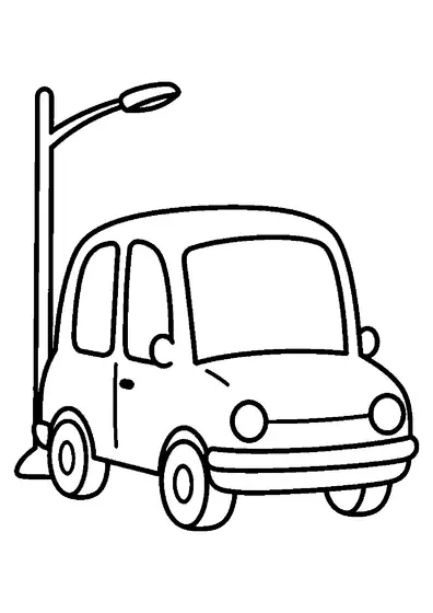 Pequeno carro parado debaixo de um candeeiro de rua com um grande para-brisas, faróis redondos e contornos bem definidos para colorir.