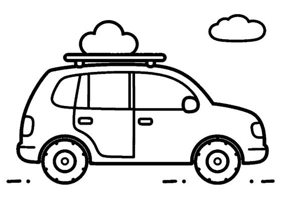 Coche con portaequipajes en el techo y una nube en el cielo, con grandes zonas despejadas en la carrocería para que los niños las coloreen.