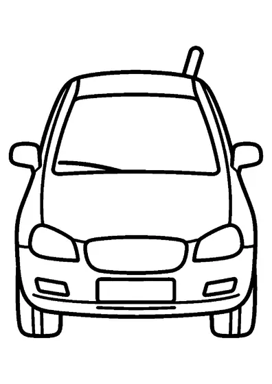 Dibujo de contorno de un coche sedán visto de frente, con gran parabrisas, retrovisores y faros, ideal para que los niños lo coloreen