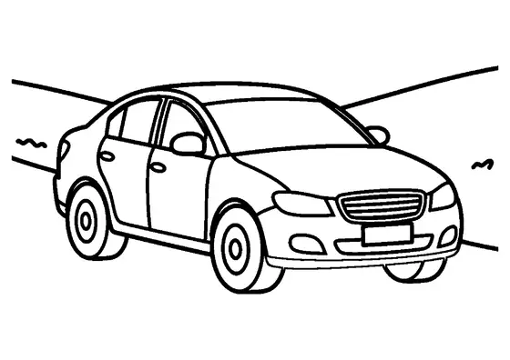 Desenho de um carro sedan a percorrer uma estrada de montanha, com grandes áreas limpas para colorir.