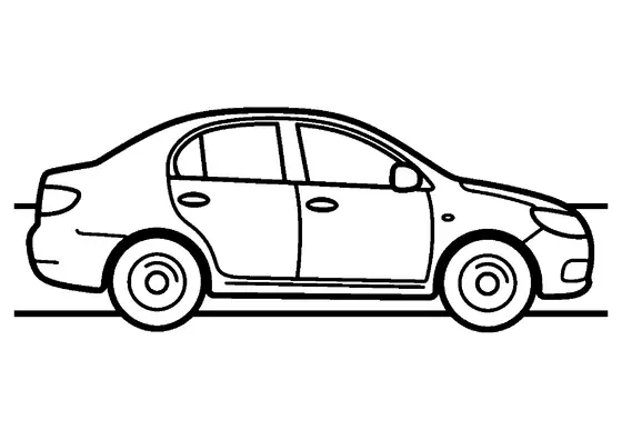 Desenho de um carro sedan visto de lado parado na estrada, com portas, janelas e rodas grandes, pronto para colorir para crianças.