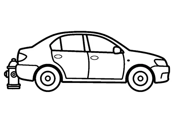 Coloração de um carro sedan estacionado ao lado de um hidrante, pronta para colorir pelas crianças.