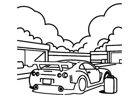 Carro de corrida GT visto por trás na box, junto a um bidão e uma roda sobressalente.