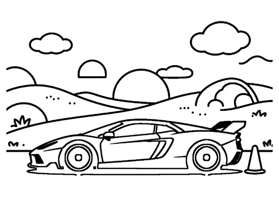 Supersportivo aerodinâmico numa pista de areia, junto a uma barreira de pneus e um assistente.