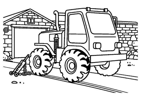 Desenho para colorir de um carro rock crawler em frente à entrada de uma pedreira.