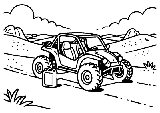 Una leggera dune buggy con telaio protettivo parcheggiata su un pendio desertico circondato da dune di sabbia e roccia.