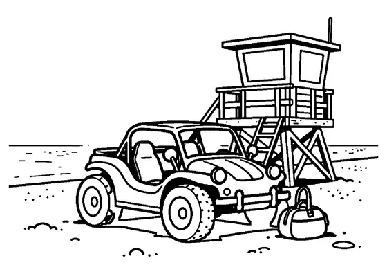 Desenho para colorir de um buggy de praia perto de uma torre de madeira de salva-vidas.