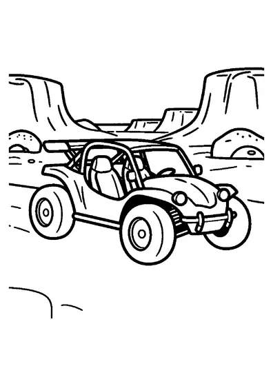 Σελίδα ζωγραφικής με dune buggy σταθμευμένο δίπλα σε τεράστιο βραχώδη σχηματισμό στην έρημο.
