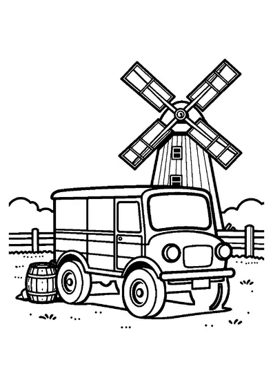 Vehicul de teren de epocă parcat lângă o moară de vânt din lemn, într-un peisaj agricol.