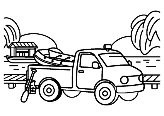 O camionetă 4x4 cu cabină dublă, care transportă o barcă gonflabilă lângă un ponton pe râu.