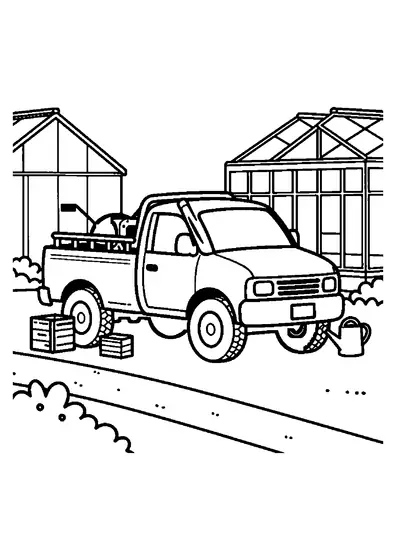Camionetă forestieră cu troliu, parcată lângă sera din sticlă a unei pepiniere de arbori.