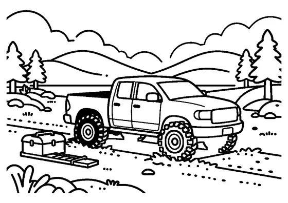 An off-road pickup truck with high suspension driving through a deep mud rut.