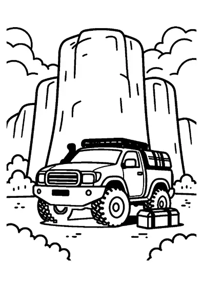 A large off-road pickup truck driving through a valley below towering limestone cliffs.