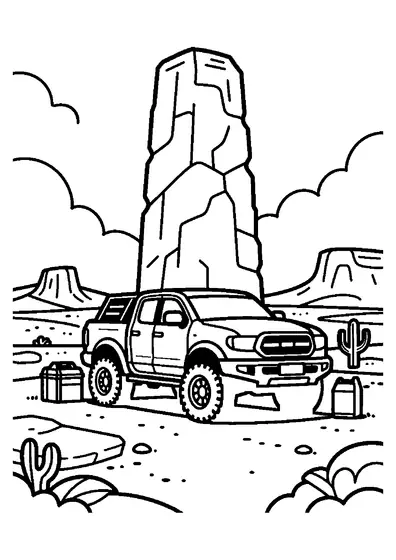 An expedition pickup truck parked next to a high rock pillar with a toolbox and jerrycan.