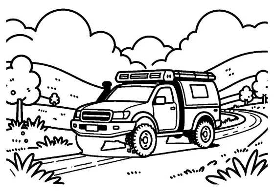 An expedition pickup truck travels down a dirt track through tall grassy mounds.