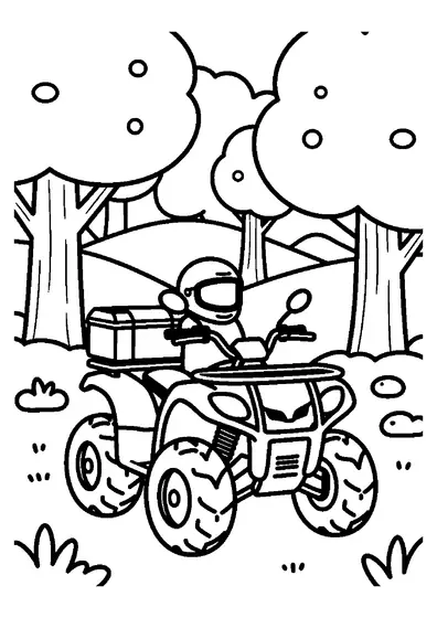 A large quad bike with heavy tread parked in a forest clearing next to a helmet and gear box.