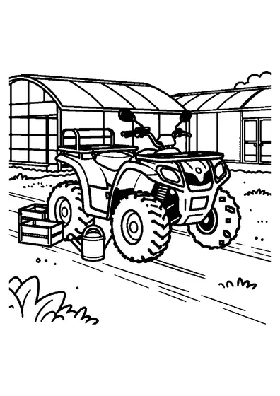 Desenho para colorir de um quadriciclo de trabalho com bagageiros em frente a estufas rurais.