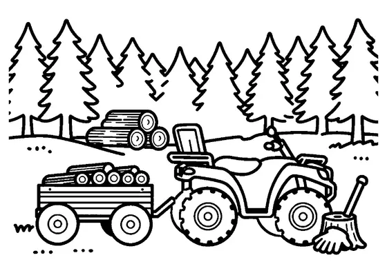 ATV utilitar care tractează o remorcă din lemn încărcată cu bușteni tăiați.