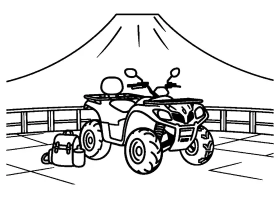 Un ATV turistic cu două locuri, lângă o balustradă de lemn la un punct panoramic spre un vulcan.