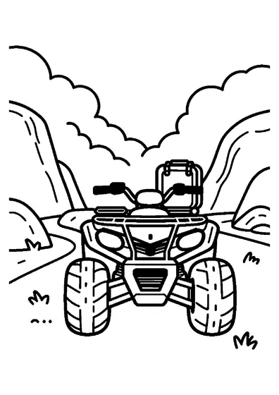 A wide quad bike parked in a rocky basin next to a riding helmet and storage box.
