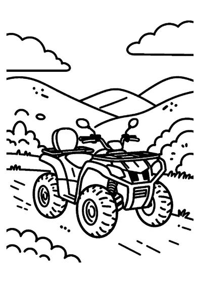 An off-road quad bike climbing a mountain trail through pine shrubs beside a helmet.