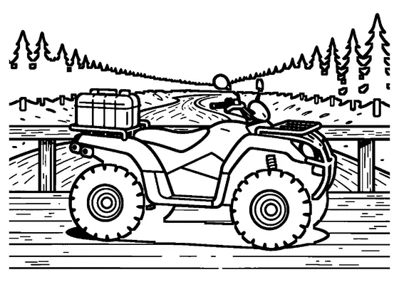 Colorantă cu un ATV de aventură care traversează un râu pe un pod din bușteni.