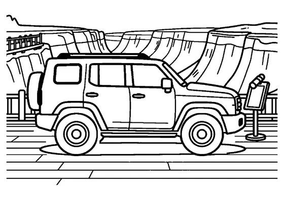SUV 4x4 parcat la un punct de belvedere, cu vedere spre un canion adânc.