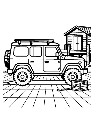 Desenho para colorir com um SUV todo-terreno estacionado junto a cais de madeira de um porto rural.